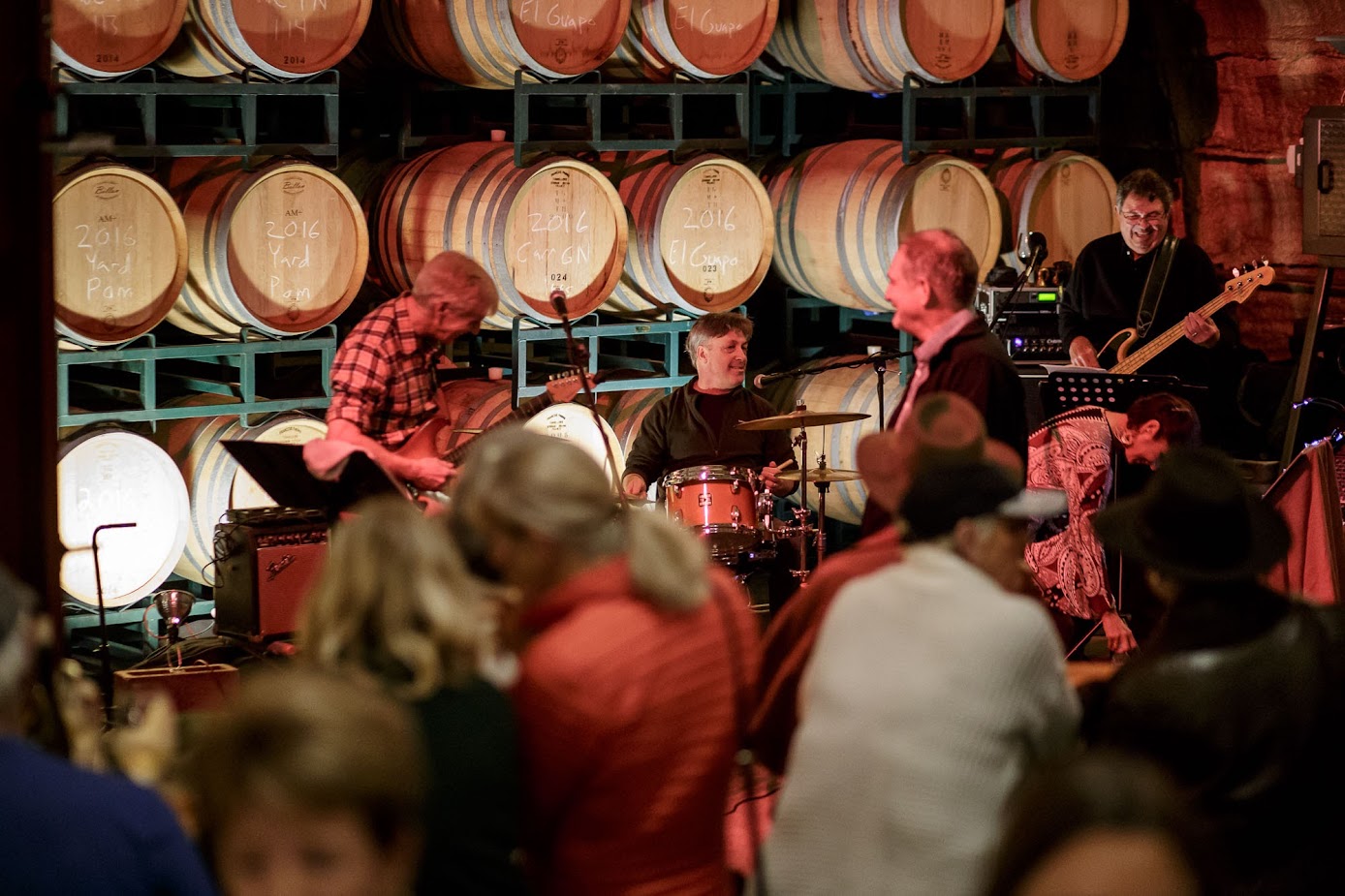 The Gravy Band performing live music in the Carr Winery Barrel Room in Santa Barbara
