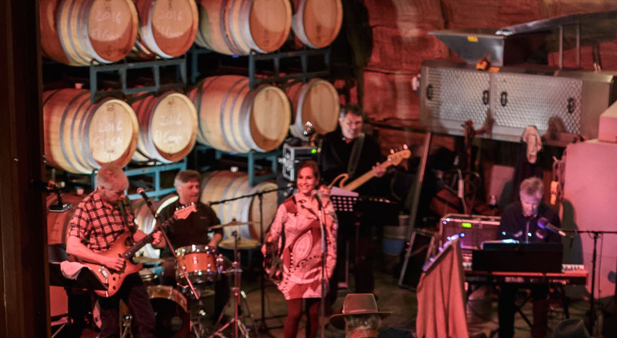 Do No Harm Band performing live music in the Carr Winery Barrel Room in Santa Barbara