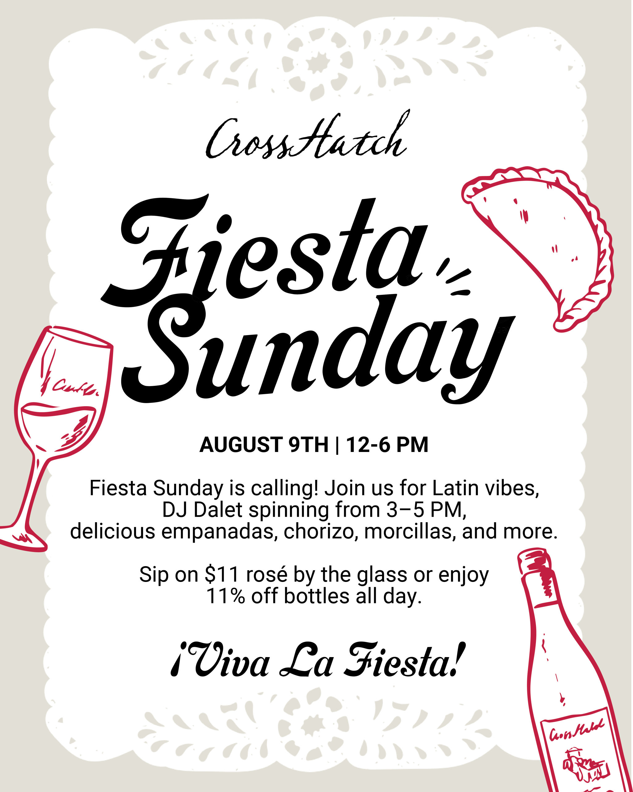 Fiesta Sunday event flyer for CrossHatch Winery in Santa Barbara with wine, empanadas, DJ Dalet, and rosé specials